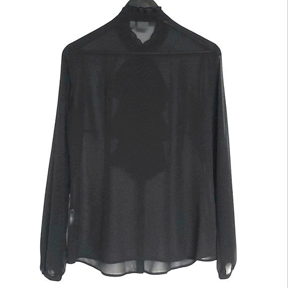 Esprit blouse womens L black sheer ruffle front high collar - Picture 2 of 7